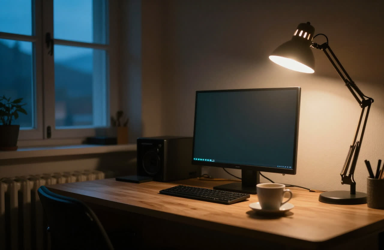 A quiet workshop desk at night with a warm lamp and a dark monitor