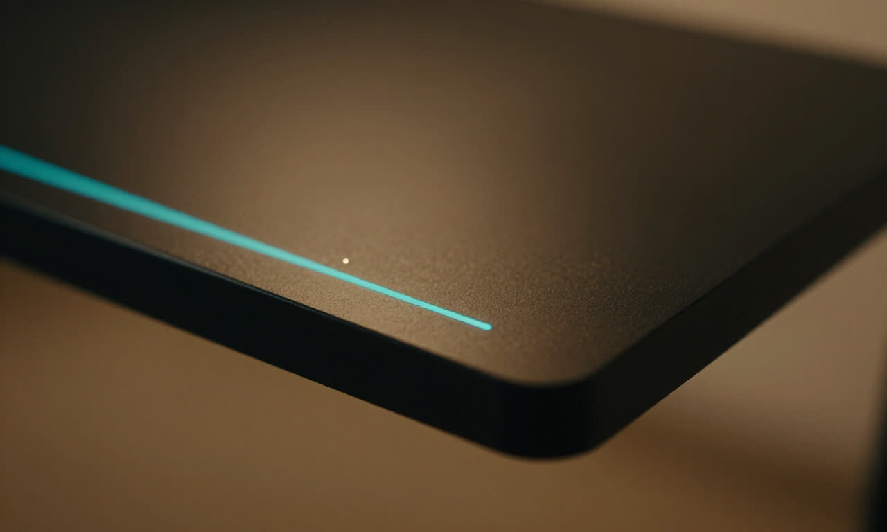 A dark console surface with a single glowing cyan line