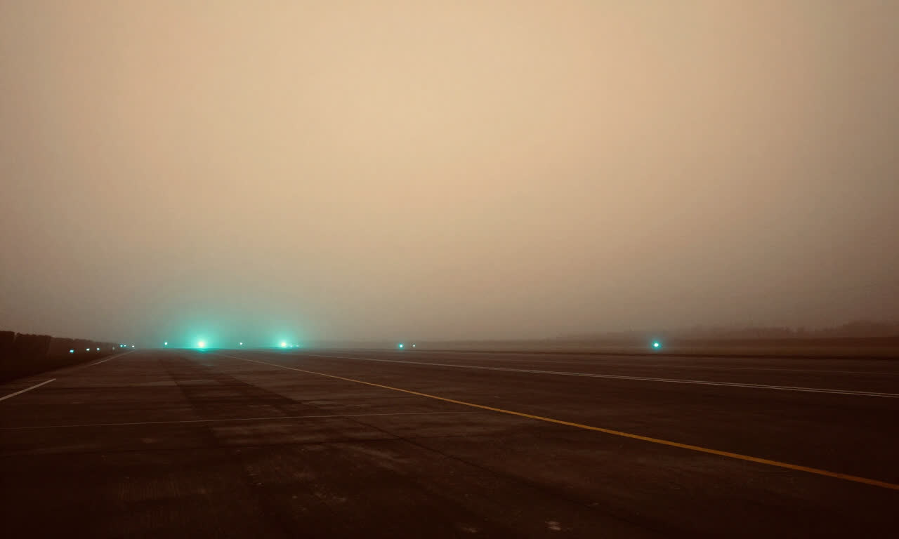 A foggy runway with cyan lights receding into the distance