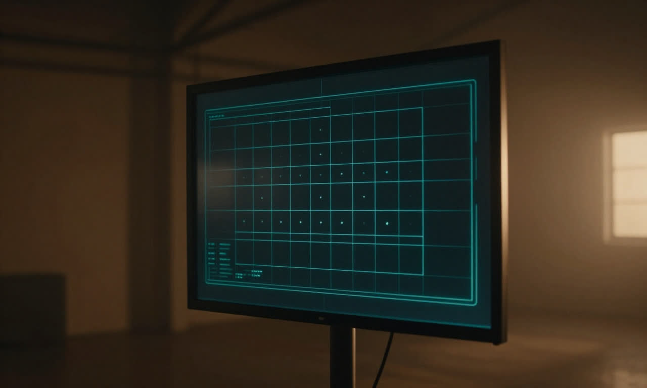 A screen in a dim hangar showing a faint glowing interface grid